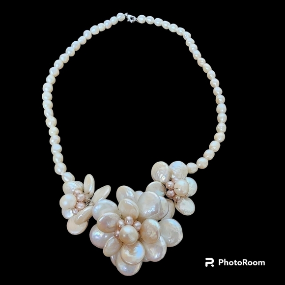 FRESHWATER Pearl Mother Of Pearl Flower Necklace Sterling Silver Hawaiian Shell. - Picture 1 of 16